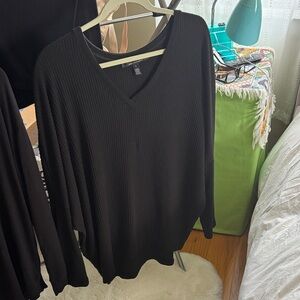 White House Black Market Ribbed Black V-Neck Long Sleeve Top